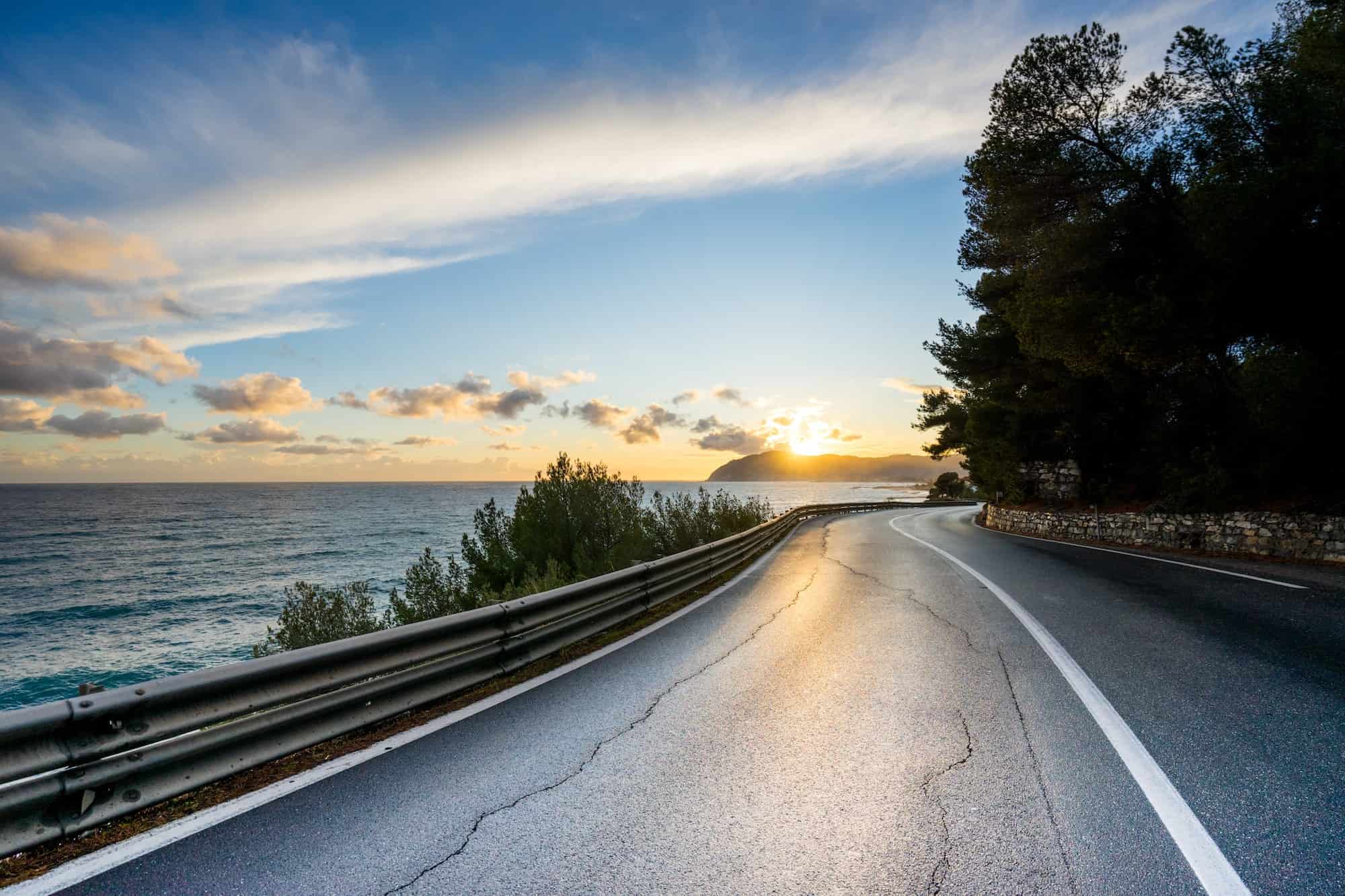 Road with horizon at sunset in Liguria Italy